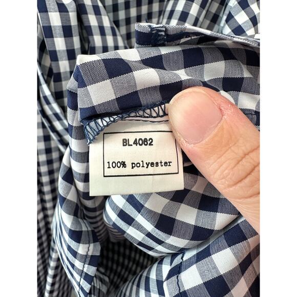 TOV | Navy Gingham Tie Front Bow Blouse Dramatic Balloon Sleeves | Size 38 - Picture 7 of 8